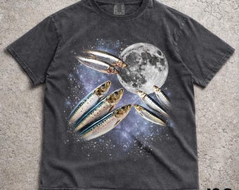 Three Sardines Retro Graphic T-shirts, Vintage Sardines Moon Tshirt, Sardine Shirt, Funny Tee, Oversized Washed Tee, Sardines Shirt, Sardine