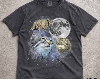 Three Manul Cat Retro Graphic Tshirt, Vintage Pallas Cat Moon Shirt, Oversized Wild Cat Tee, Funny Exotic Animal Top, Feline Gift for Him