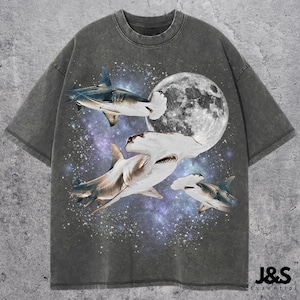 Three Hammerhead Shark Retro Graphic T-shirts, Vintage Shark Moon Tshirt, Hammerhead Shirt, Funny Tee, Oversized Washed Tee, Shark Shirt