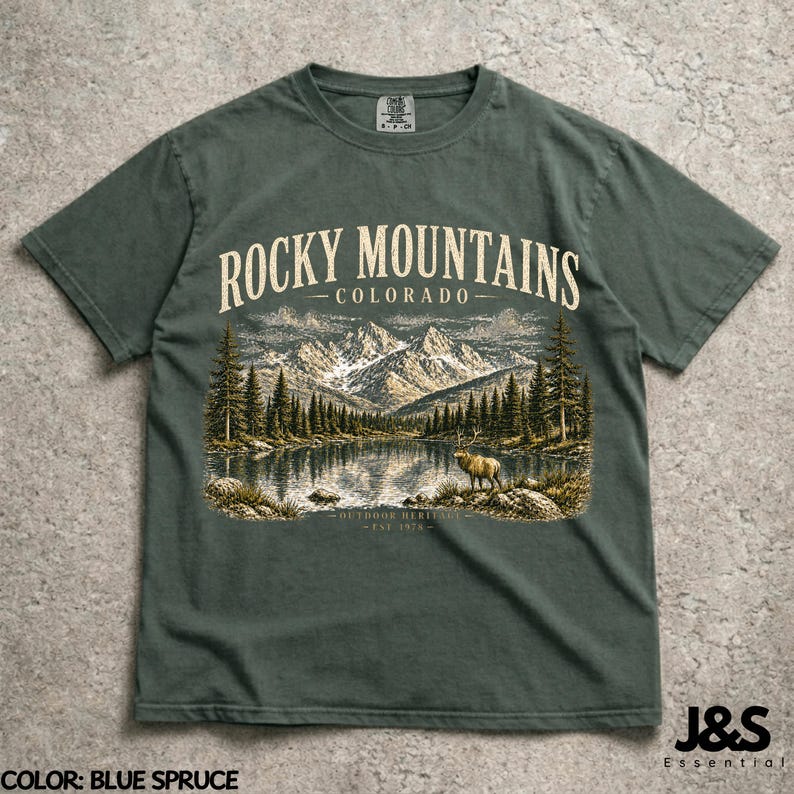 Vintage Rocky Mountains Colorado Shirt, Retro 90er Jahre Outdoor Erbe Grafik-T-Shirt, künstlerisches Elk-Natur-Top, Comfort Colors® Wandergeschenk Blue Spruce