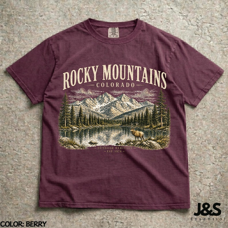 Vintage Rocky Mountains Colorado Shirt, Retro 90er Jahre Outdoor Erbe Grafik-T-Shirt, künstlerisches Elk-Natur-Top, Comfort Colors® Wandergeschenk Berry