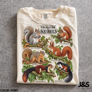 May include: An ivory t-shirt featuring a graphic print titled Field Guide to Squirrels. The design displays illustrations of an Eastern Gray Squirrel, American Red Squirrel, Eurasian Red Squirrel, Fox Squirrel, and Indian Giant Squirrel on branches.