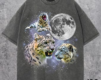 Three Snow Leopard Retro Graphic T-shirts, Vintage Snow Leopard Moon Tshirt, Big Cat Lovers Tee, Funny Snow Leopard Shirt, Oversized Tee
