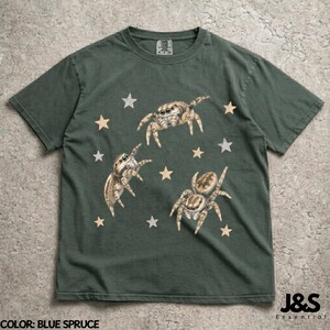 Vintage Jumping Spider Shirt, Retro Arachnid Graphic Tee, Cute Spider Aesthetic Top, Comfort Colors® Bug Lover Gift, Artistic Y2K Blue Spruce