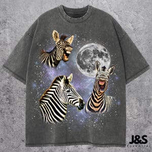 Three Zebra Retro Graphic T-shirts, Vintage Zebra Moon Tshirt, Zebra Lovers, Funny Zebra Tee, Oversized Washed Tee, Zebra Vintage Shirt