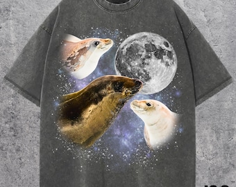 Three Crabeater Seal Retro Graphic T-shirts, Funny Seal Moon Tee, Seal Lovers Shirt, Vintage Seal Top, Oversized Seal Tee Gift