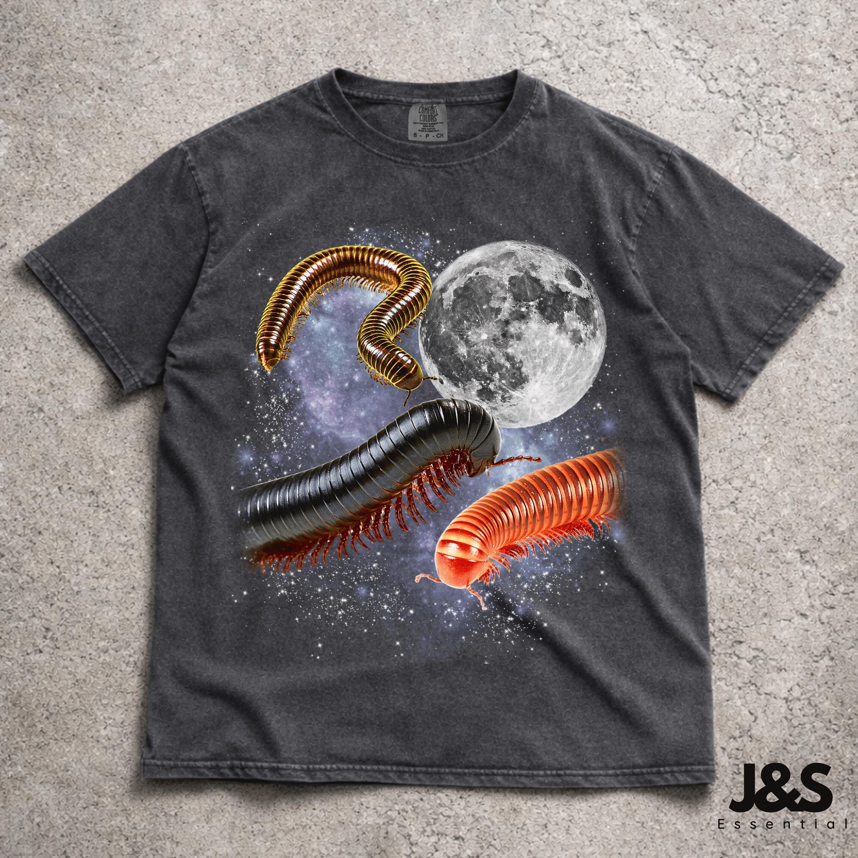 Three Millipede Moon Shirt, Cosmic Bug Tee, Space Insect T-shirt