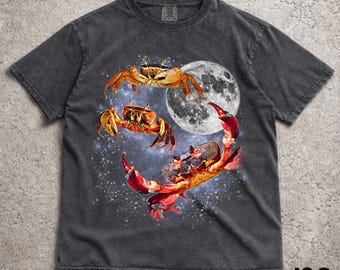 Three Crabs Graphic T-shirts, Vintage Crustacean Moon Tshirt, Crab Shirt, Funny Crab Tee, Oversized Meme Crab Tee, Sea Creature Tshirt