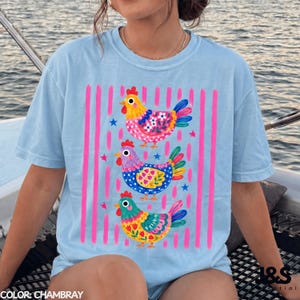 Colorful Chicken Tshirt, Floral Folk Art Hen Shirt, Cute Farm Animal Graphic Tee, Whimsical Comfort Colors Chicken Lover Gift Chambray