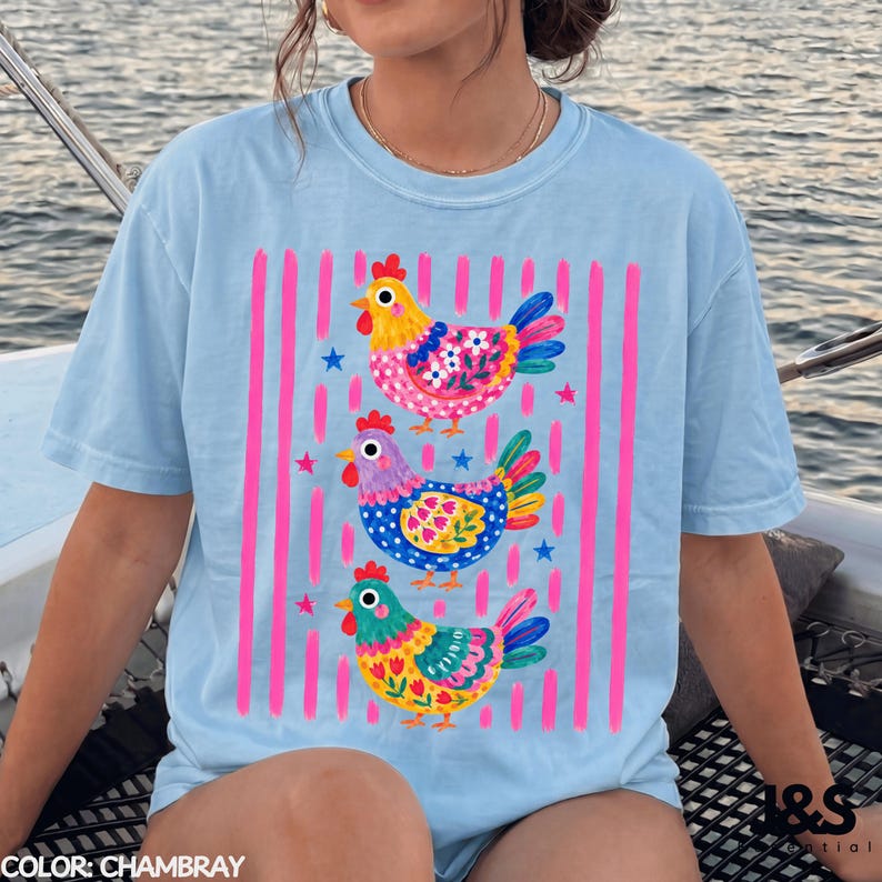 Colorful Chicken Tshirt, Floral Folk Art Hen Shirt, Cute Farm Animal Graphic Tee, Whimsical Comfort Colors Chicken Lover Gift Chambray