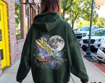 Three Cicada Moon Hoodie, Insect Lover Sweatshirt, Unique Bug Pullover, Funny Celestial Cicada Hoodie, Entomology Gift Top