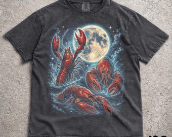 Three Lobster Moon Vintage 90s Graphic T-Shirt, Retro Lobster Silly Gift, Red Lobster Full Moon Tee, Aesthetic Galaxy Marine Nature Art