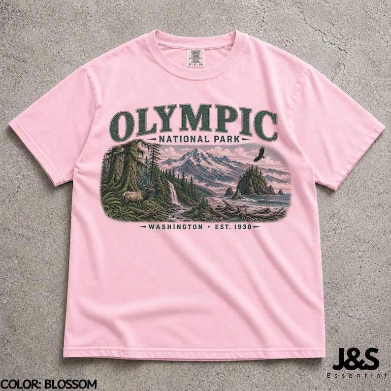 Camiseta del Parque Nacional Olímpico, camiseta de montaña costera de Washington, camiseta vintage de senderismo en la naturaleza, regalo de aventura del noroeste del Pacífico Blossom