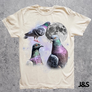 Puede incluir: Camiseta color crema con un gr&aacute;fico de tres palomas con plumas iridiscentes, una luna llena y un fondo estrellado. Las aves est&aacute;n en varias poses, una de ellas en vuelo. La camiseta tiene cuello redondo cl&aacute;sico y mangas cortas.