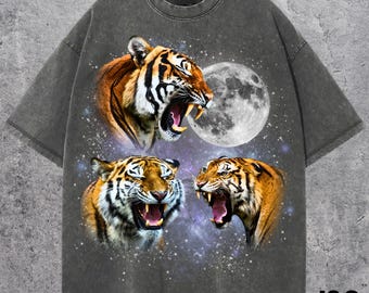 Trois t-shirts graphiques rétro tigre, t-shirt lune tigre vintage, amoureux des tigres, t-shirt tigre drôle, t-shirt lavé surdimensionné, cadeaux idiots, cadeau tigre