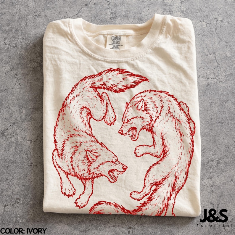 Vintage Wolf Shirt, Japanese Wolf Tee, Red Wolf Graphic Tee, Retro Tattoo Style Shirt, Minimalist Streetwear Tshirt Ivory