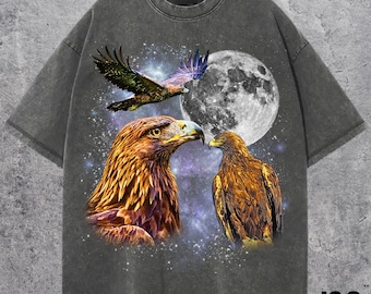 Three Golden Eagle Retro Graphic T-shirts, Vintage Eagle Moon Tshirt, Eagle Lovers, Funny Eagle Tee, Oversized Washed Tee, Silly Gift