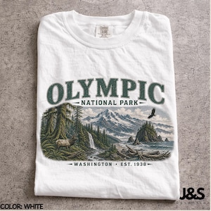 Camiseta del Parque Nacional Olímpico, camiseta de montaña costera de Washington, camiseta vintage de senderismo en la naturaleza, regalo de aventura del noroeste del Pacífico White