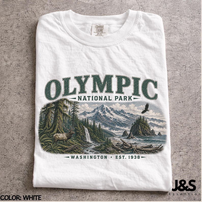 Camiseta del Parque Nacional Olímpico, camiseta de montaña costera de Washington, camiseta vintage de senderismo en la naturaleza, regalo de aventura del noroeste del Pacífico White
