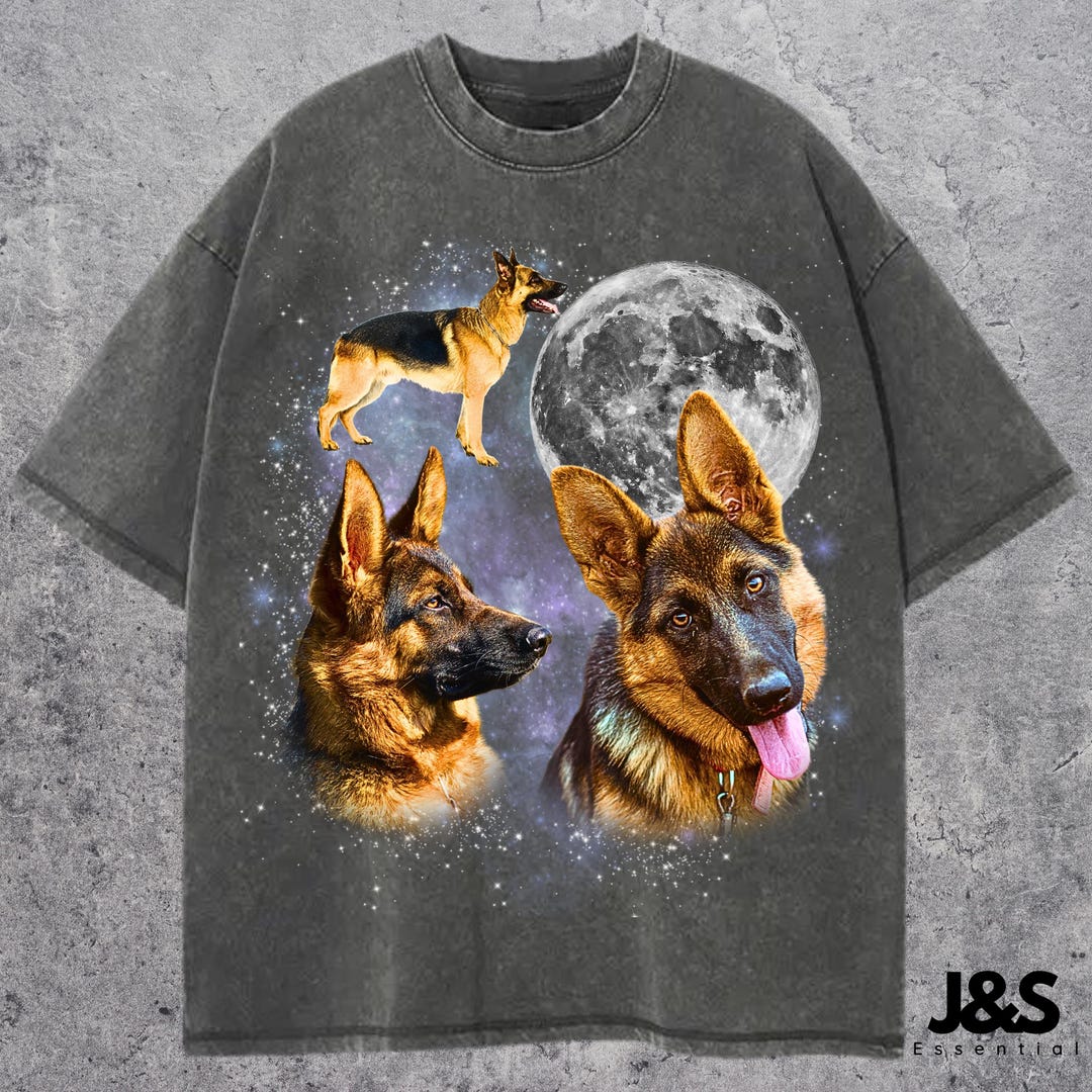 Three German Shepherd Moon Shirt, Space Dog Tee, Cosmic Pet Design