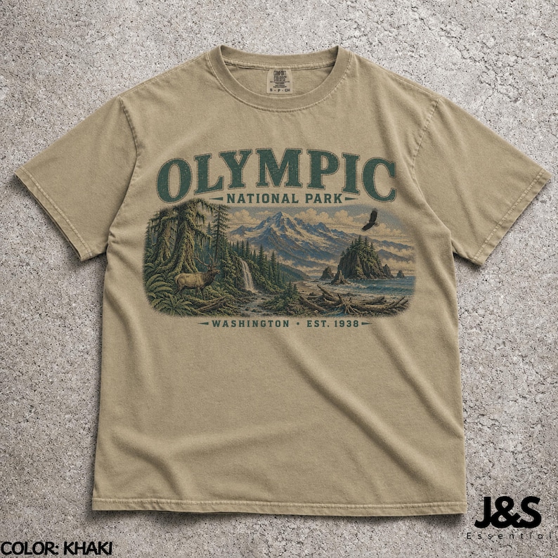Camiseta del Parque Nacional Olímpico, camiseta de montaña costera de Washington, camiseta vintage de senderismo en la naturaleza, regalo de aventura del noroeste del Pacífico Khaki