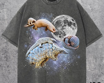 May include: Dark gray t-shirt featuring a celestial design with pangolins, a full moon, and a starry background. The shirt has a distressed, vintage look, with the text "J&S Essential" at the bottom right.