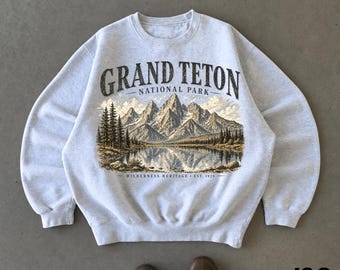 Grand-Teton-Nationalpark-Sweatshirt, Vintage-Wyoming-Berg-Pullover mit Rundhalsausschnitt, Retro-Wanderpullover mit Grafik, Geschenk für Naturliebhaber