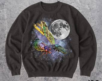 Three Cicada Moon Sweatshirt, Insect Lover Crewneck, Cosmic Bug Sweater, Entomology Nature Top, Celestial Cicada Shirt
