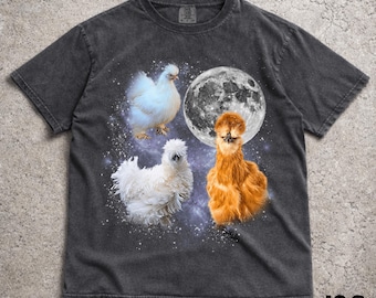Three Silkie Chicken Retro Graphic T-shirts, Vintage Silkie Chicken Moon Tshirt, Silkie Chicken Shirt, Funny Tee, Oversized Chicken Shirt