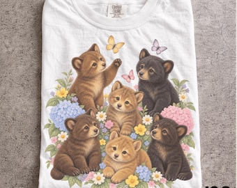 Retro Baby Bear Tshirt, 90s Vintage Cute Bear Tee, Comfort Colors® Floral Butterfly Shirt, Boho Cottagecore Unisex Top, Bear Lover Gift