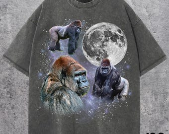 Three Gorilla Retro Graphic T-Shirt, Vintage Gorilla Moon Tee, Funny Animal Shirt, Wildlife Graphic Tee, Gorilla Lovers Gift