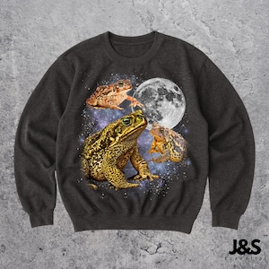 May include: Dark gray sweatshirt featuring a graphic of three frogs with a full moon and a starry background. The frogs are in shades of brown and yellow, with one large frog in the foreground. The sweatshirt has a crew neck and long sleeves.