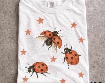 Vintage 90s Ladybug Shirt, Retro Star Graphic Tee, Ladybird Aesthetic Top, Comfort Colors® Nature Lover Gift, Artistic Y2K Cottagecore Bug