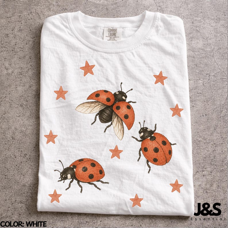 Vintage 90s Ladybug Shirt, Retro Star Graphic Tee, Ladybird Aesthetic Top, Comfort Colors® Nature Lover Gift, Artistic Y2K Cottagecore Bug White