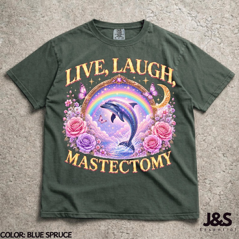 Live Laugh Mastektomie T-Shirt, lustiges medizinisches Humor Grafik T-Shirt, Surreal Delfin Kunst Shirt, Brustkrebs Bewusstseins Geschenk, kosmische Chirurgie Kunst Blue Spruce