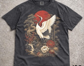 Japanese Crane Comfort Colors® Tshirt, Vintage Asian Bird Graphic Tee, Red Sun Japanese Art Shirt, Floral Crane Nature Aesthetic Gift