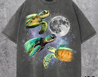 Drie retro grafische T-shirts schildpad, vintage T-shirt Turtle Moon, Turtle Lovers, grappig T-shirt met schildpad, oversized gewassen T-shirt, vintage zeeschildpad