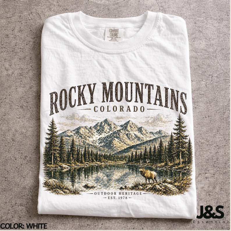 Vintage Rocky Mountains Colorado Shirt, Retro 90er Jahre Outdoor Erbe Grafik-T-Shirt, künstlerisches Elk-Natur-Top, Comfort Colors® Wandergeschenk White