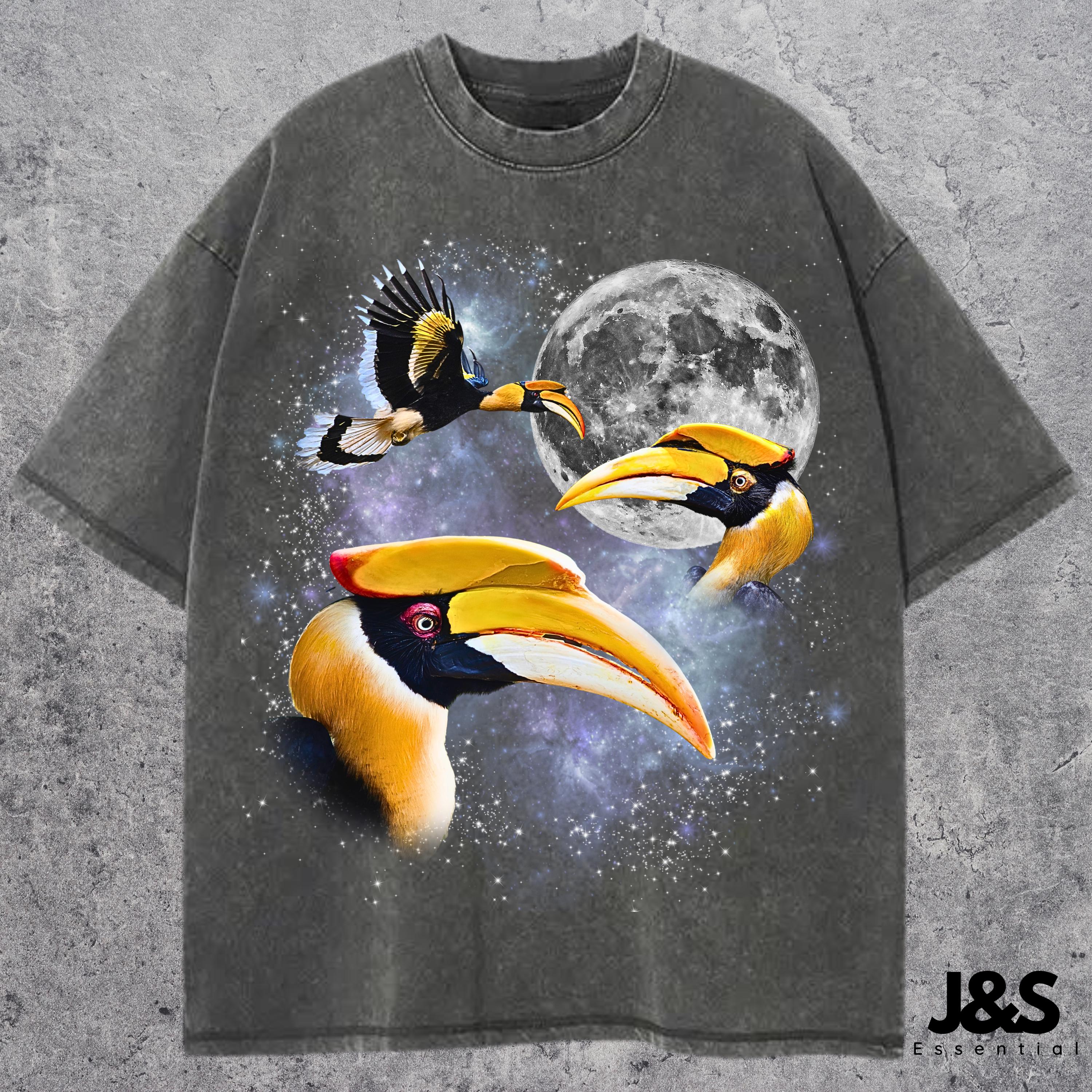 Great Hornbill Retro Graphic T-shirt, Vintage Bird Moon Tee
