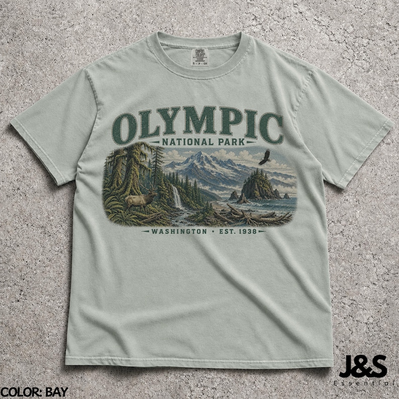 Camiseta del Parque Nacional Olímpico, camiseta de montaña costera de Washington, camiseta vintage de senderismo en la naturaleza, regalo de aventura del noroeste del Pacífico Bay