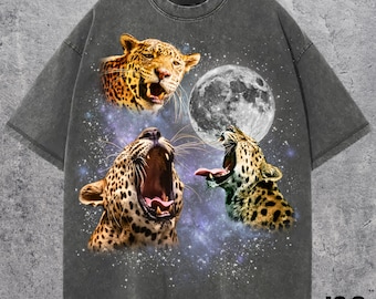 Drei Leopard Retro Grafik T-Shirts, Vintage Leopard Mond T-Shirt, Leopard Liebhaber, Lustiges Leopard T-Shirt, Übergroßes Gewaschenes T-Shirt, Leopard Vintage