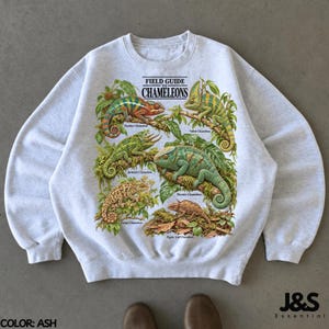 May include: An ash grey crewneck sweatshirt featuring a graphic print titled Field Guide to Chameleons. The design displays five different chameleon species perched on branches with green leaves, each labelled with its specific name in black text.