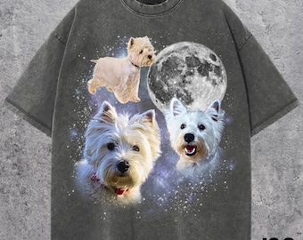 Camiseta con diseño de tres West Highland White Terrier, diseño de galaxia, ideal como regalo para amantes de los perros espaciales, ideal para mujeres y hombres.