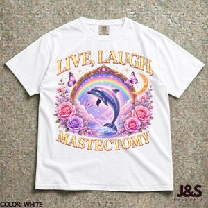 Live Laugh Mastektomie T-Shirt, lustiges medizinisches Humor Grafik T-Shirt, Surreal Delfin Kunst Shirt, Brustkrebs Bewusstseins Geschenk, kosmische Chirurgie Kunst White