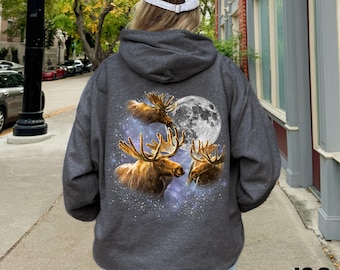 Moose Hoodie, Celestial Animal Pullover, Cosmic Wildlife Hoodie, Lunar Moose Sweatshirt, Galaxy Nature Top, Moonlight Elk Lover Gift