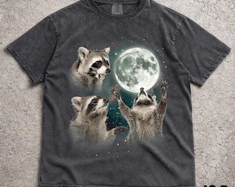 Camisetas vintage con estampado de tres mapaches, camiseta retro de mapache y luna, para amantes de los mapaches, camiseta divertida de mapache, camiseta lavada extragrande, regalos de mapaches