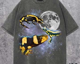 Drei Tigersalamander Retro Mond Tshirt, niedliches Reptil Grafik T-Shirt, Amphibien Liebhaber Geschenk, übergroßes Vintages Salamander Shirt, Komfort Farben