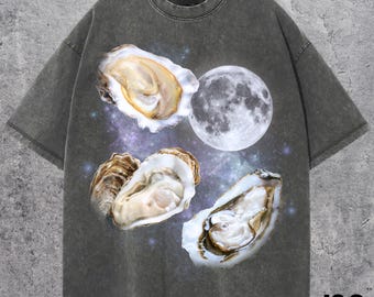 Trzy koszulki z grafiką Oyster Retro Moon, koszulka z memem Oyster Moon w stylu vintage, miłośnicy Oyster, zabawna koszulka Oyster, oversize'owa koszulka z efektem sprania, nawilżacz