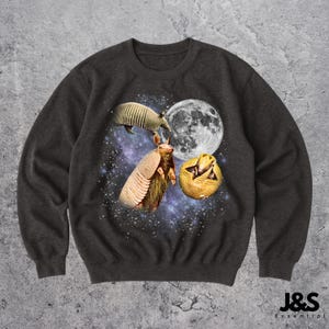 May include: Dark gray sweatshirt featuring a whimsical design of armadillos, a full moon, and a starry galaxy. The graphic includes three armadillos in various poses, with the text "J&S Essential" at the bottom right.