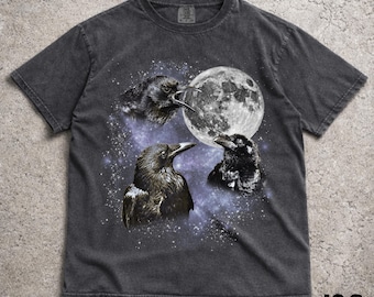 Three Raven Retro Graphic T-shirts, Vintage Raven Moon Tshirt, Raven Lovers, Funny Raven Tee, Oversized Washed Tee, Raven Vintage Shirt